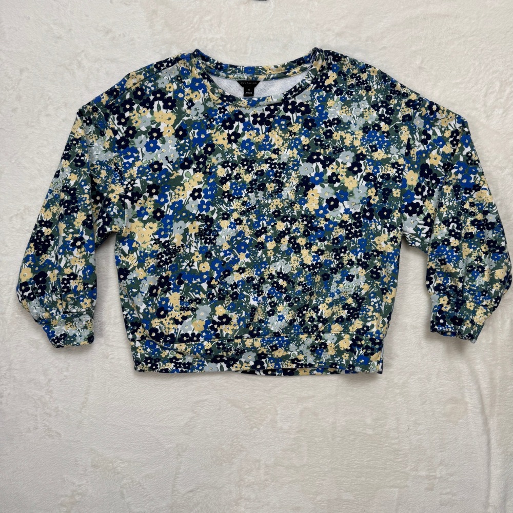 Ann Taylor Sweatshirt Womens XS Blue Floral Pullover French Terry‎ Cotton Crew